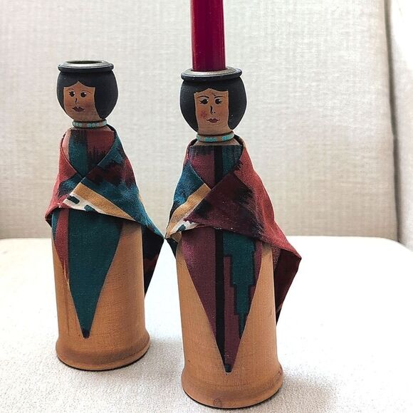 Handcrafted Solid Wood Native American Women Taper Candleholders Set of 2 - Picture 12 of 12